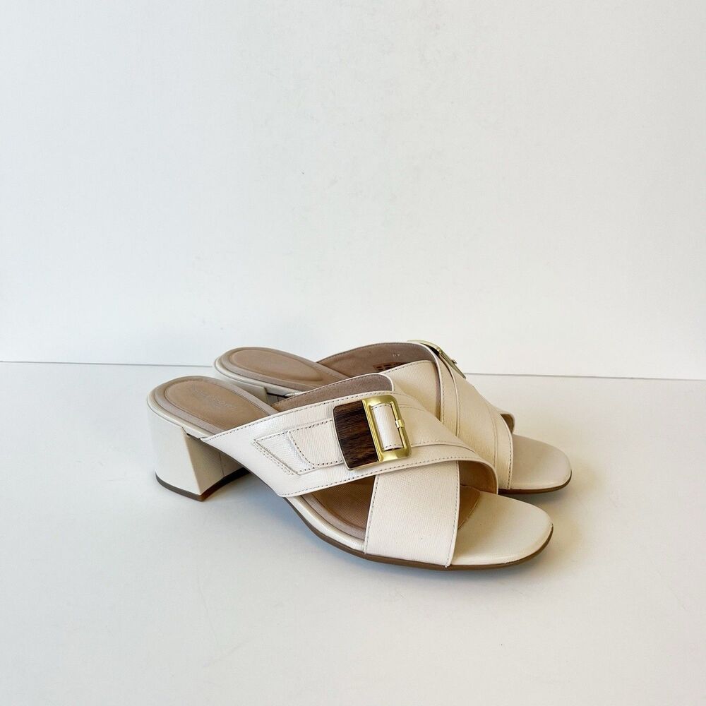 Rockport Alaina Buckle Slide Sandals Vanilla Block Heel Comfort Size 8.5 NWOB